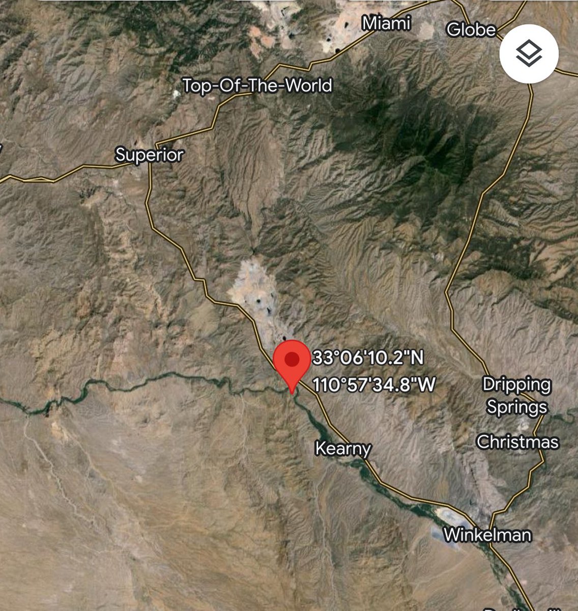 New Start: #SimmonsFire near Kearny. Approx. 20 ac. w/structures & infrastructure threatened. Four Single Engine Air Tankers (SEATs) ordered along with additional engines & hand crews. 

All pre-evacuation & evacuation info will come from @PinalCSO. 

📍Map loc. approximate.