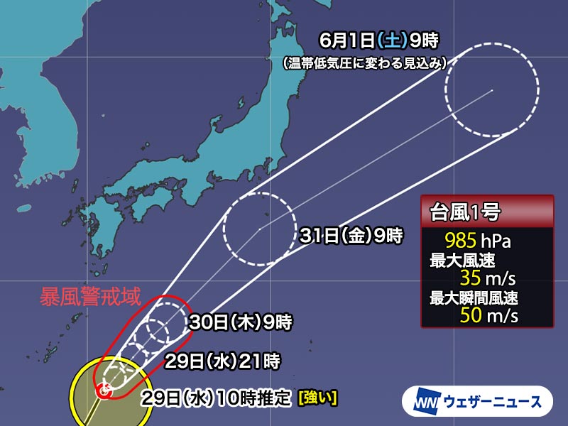 【台風情報】 強い勢力の台風1号（イーウィニャ）は今日29日(水)10時には、南大東島の南を北北東に進んでいるとみられます。今後も北東方向に進み、午後には大東島地方に最接近する見込みです。31日(金)頃には伊豆諸島に接近し、関東でも雨や風の強まる可能性があります。 weathernews.jp/s/topics/20240…