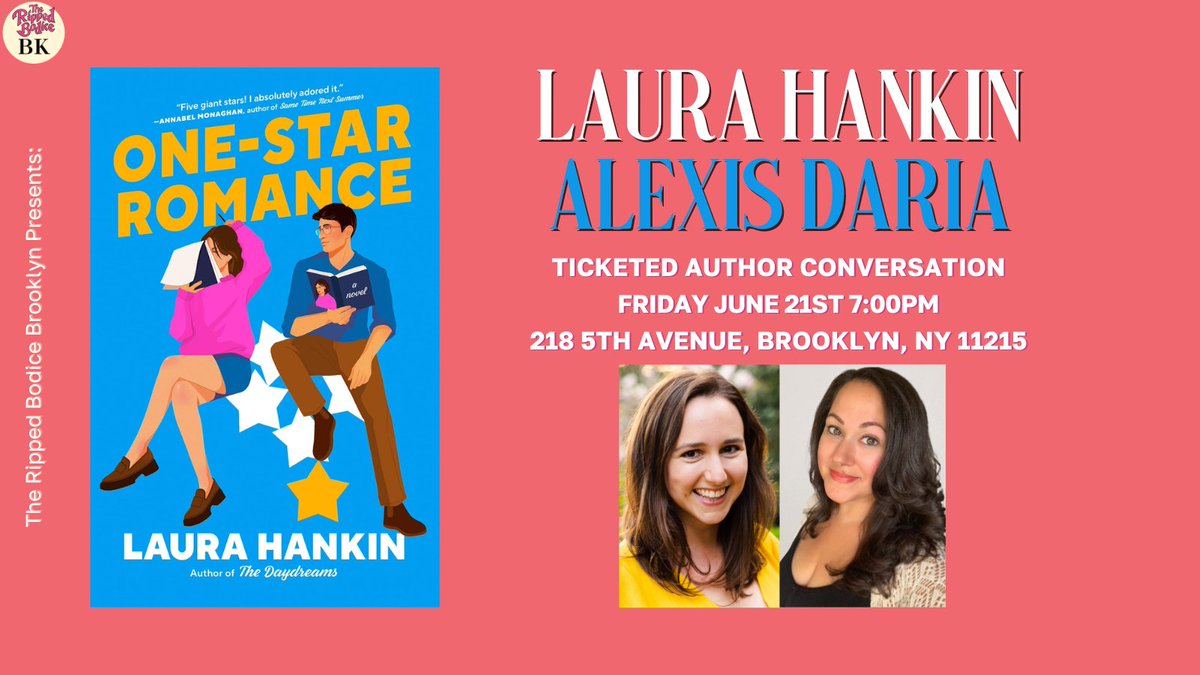 We're hosting a Brooklyn event with author Laura Hankin on Friday, June 21st at 7pm. She will discuss her new rom-com One Star Romance with @AlexisDaria. 💛⁠
⁠
Tickets or order signed books before June 14th:
therippedbodicela.com/brooklyn-events
⁠
#TheRippedBodiceBK