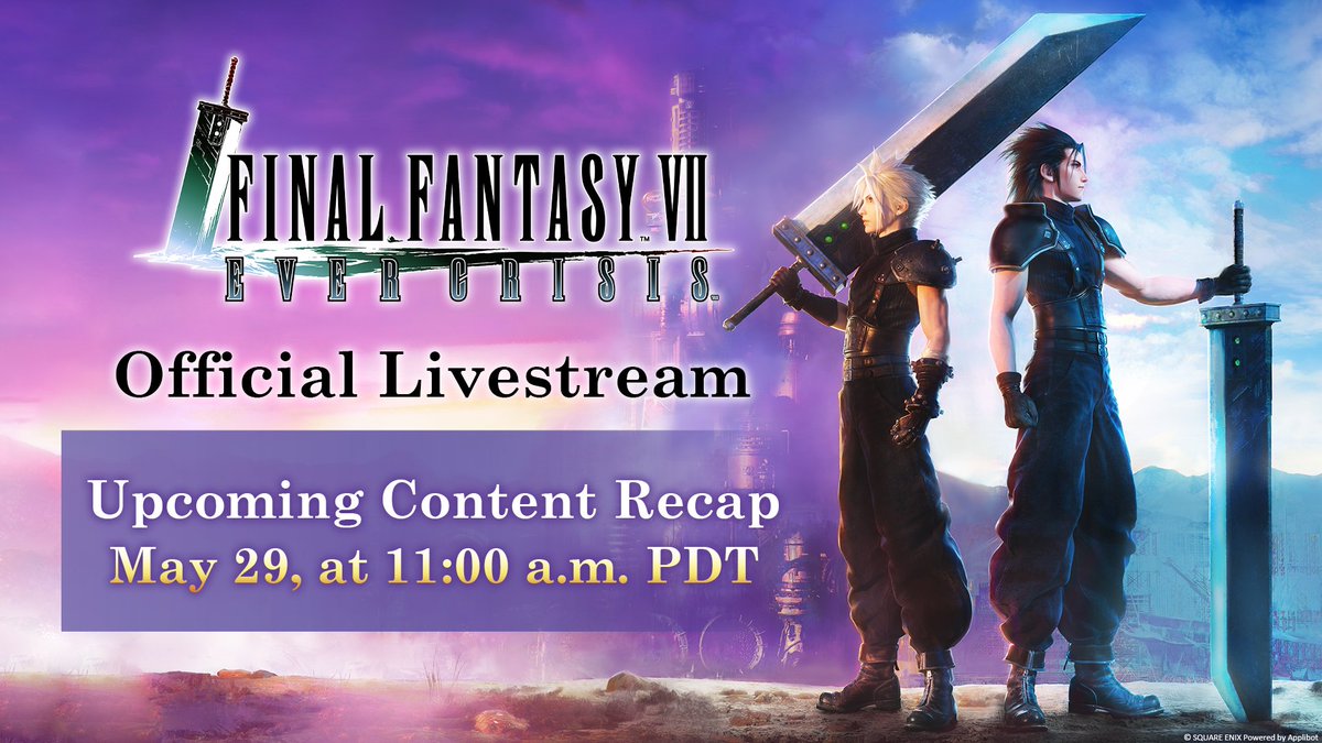 Don't forget to join our FFVII EVER CRISIS livestream on May 29! This stream will share information about the next major update, so be sure to tune in! 📅 Wednesday, May 29, at 11:00 a.m. PDT ➡️ twitch.tv/squareenix #FF7EC #FF7EverCrisis