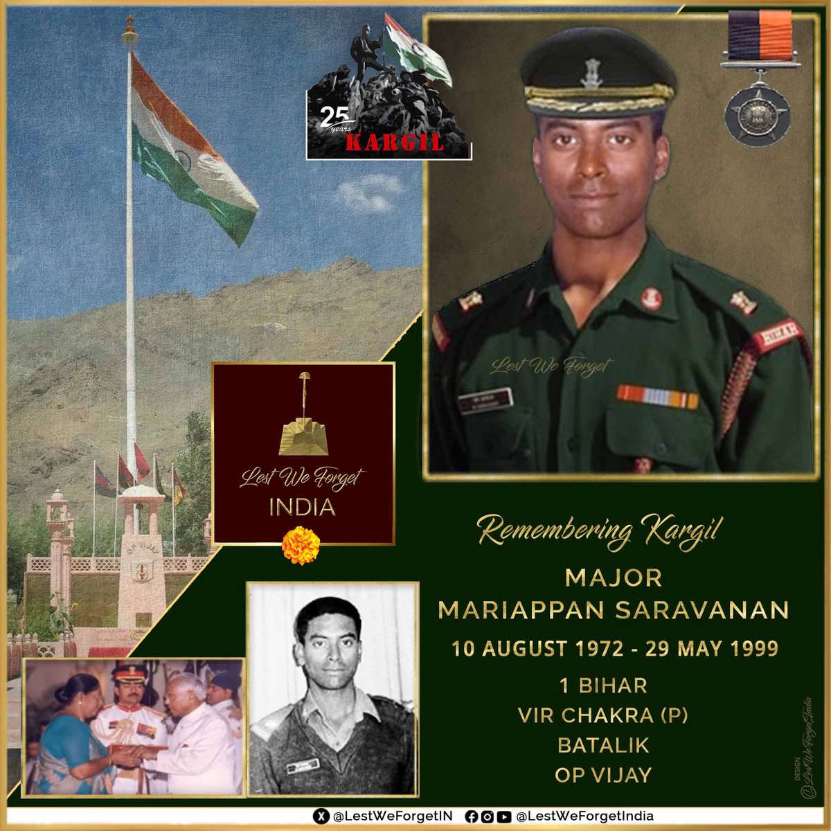 Commemorating 25 years of #Kargil #LestWeForgetIndia🇮🇳 Major Mariappan Saravanan, Vir Chakra (P), the Hero of BATALIK led his men of 1 BIHAR to capture Pt 4268, fought fiercely and laid down his life #OnThisDay 29 May in 1999 #OpVijay Major Saravanan was the Company Commander