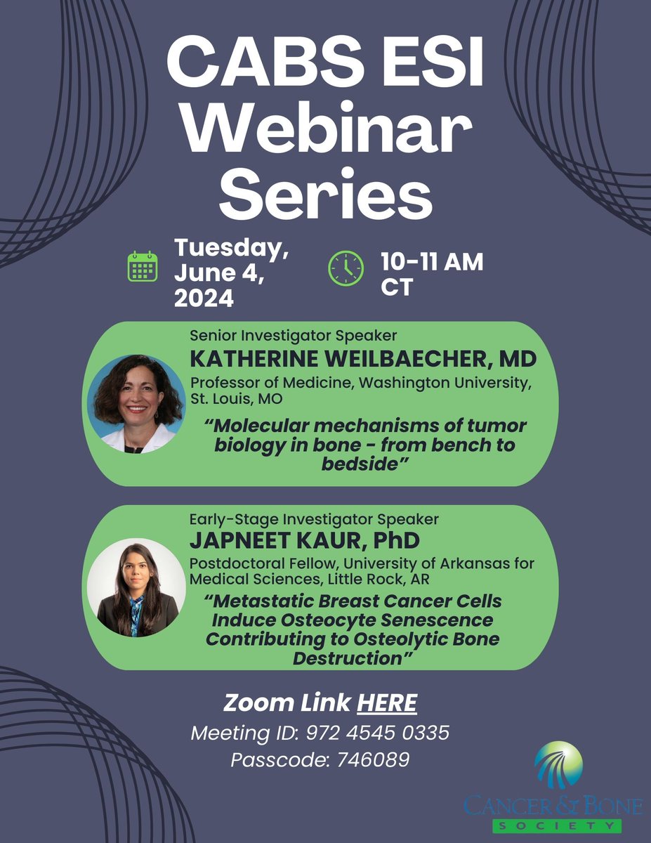 We're excited to announce the launch of our ESI Webinar Series starting June 4th, 2024! 🎉 
Join us at 10 am CT to hear from Dr. Katherine Weilbaecher, and Dr. Japneet Kaur on advancements in Bone Metastasis. 
Tune in: Rush.zoom.us/j/97245450335?…