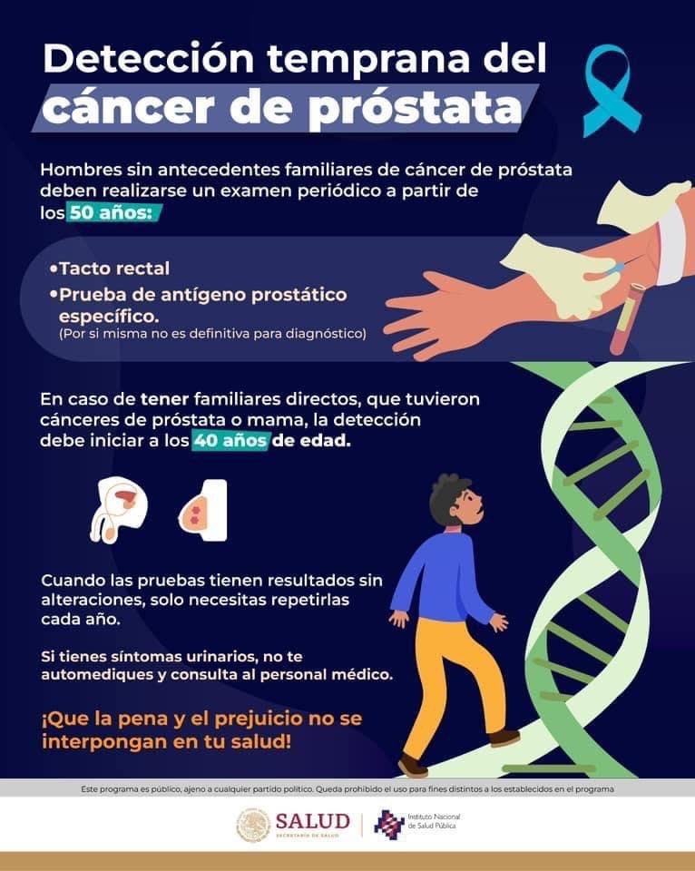 Para detectar de forma temprana el cáncer de próstata, se recomienda que los hombres se realicen un examen periódico a partir de los 40 años.

Puede ser la prueba de antígeno prostático o por tacto rectal.

#CáncerDePróstata