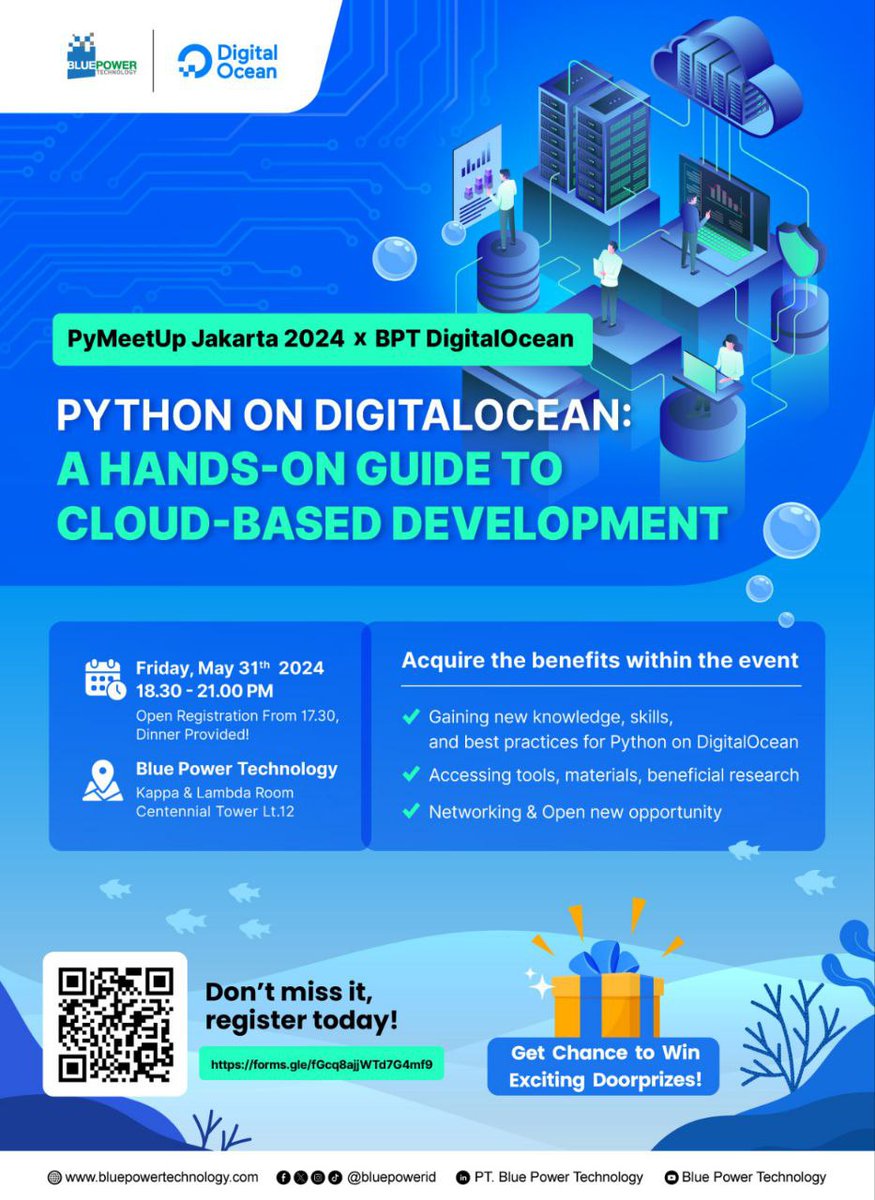 id_python's tweet photo. Hello Pythonista!,

Are you ready to elevate your Python development skills to the cloud? Look no further! Join *Blue Power Technology* together with *DigitalOcean* to dive into the world of cloud-based Python development with practical exercises. https://t.co/v7JgMGEHbu