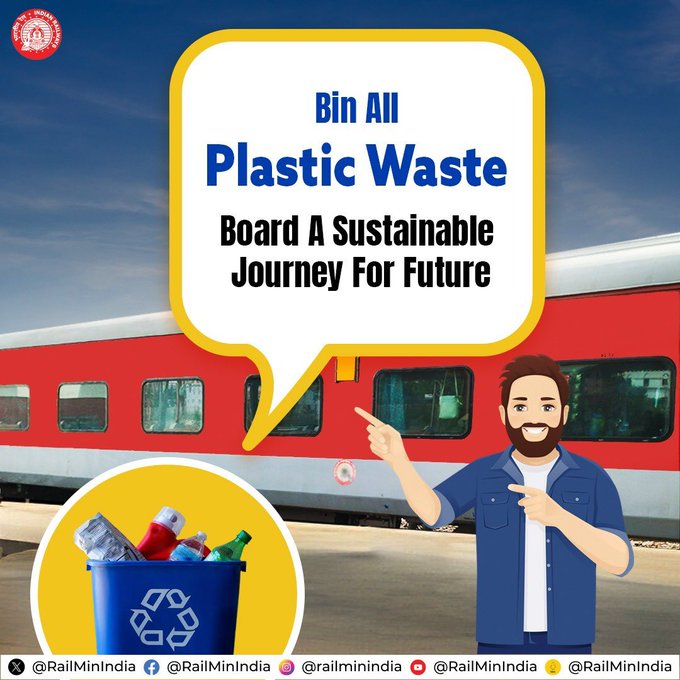 #MissionLiFE #ChooseLiFE
Embrace sustainability by disposing of plastic waste in designated bins and contributing your bit to preservation of the environment. 
@RailMinIndia
@moefcc
@gmblw