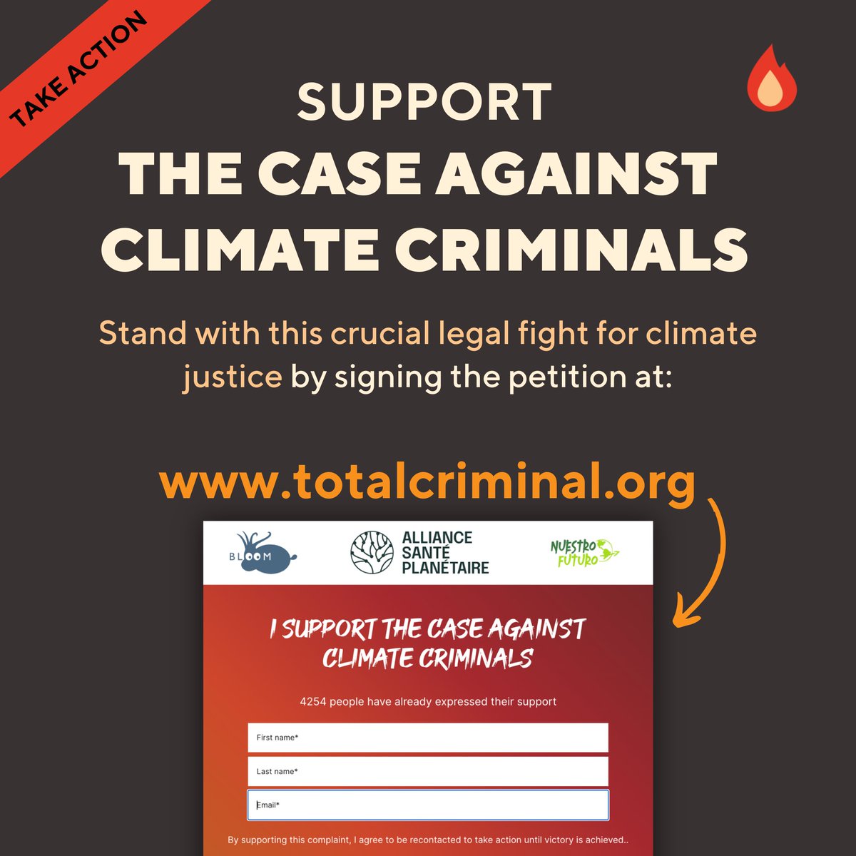NGOS Bloom, Alliance Saint Planetaire and Nuestro Futuro alongside 8 climate survivors, are taking TotalEnergies board members and investors to court for fueling climate change. Join their fight for justice.
Sign the petition at: totalcriminal.org 
#ClimateAction