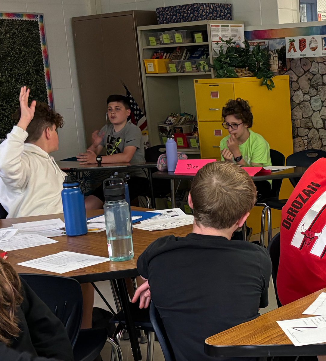 Mock trial <a href="/glencrestms/">Glen Crest MS</a> based on the teleplay “The Monsters Are Due on Maple Street.” Juror Henry wants to know if Pete’s murder should be blamed on Charlie (Played by Tom—not pictured) because he shot him or Don (played by Ewan) who brought the gun. Steve (Landon) is on the