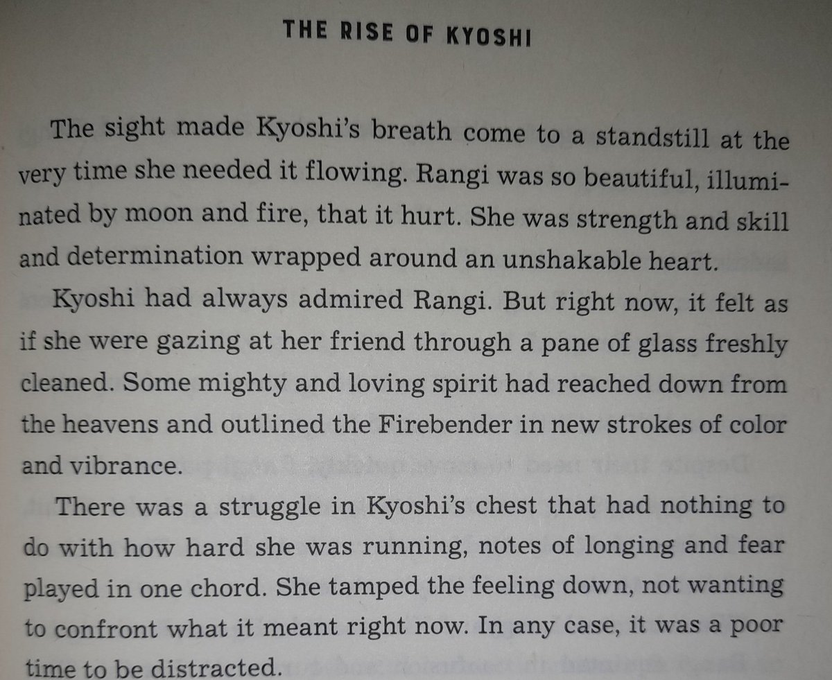 'Rangi was so beautiful, illuminated by the moon & fire, that it hurt. She was strength and skill and determination wrapped around an unshakable heart'

the moment kyoshi realized she fell in love with rangi when she watched her jet stepping under the moonlight