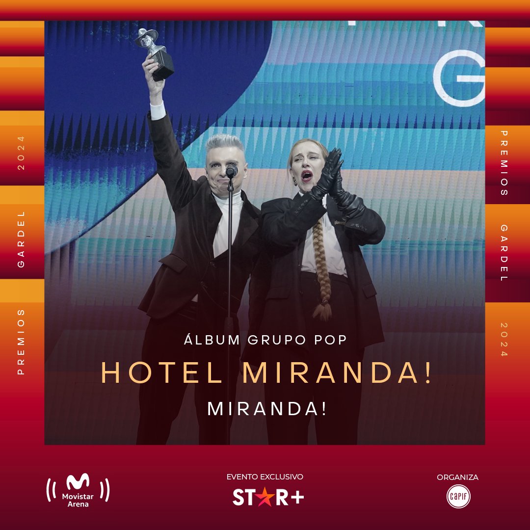 ¡Felicitamos a @mirandaenvivo! 🏆 Ganadores en los #PremiosGardel2024 en la categoría Álbum Grupo Pop por Hotel Miranda!✨