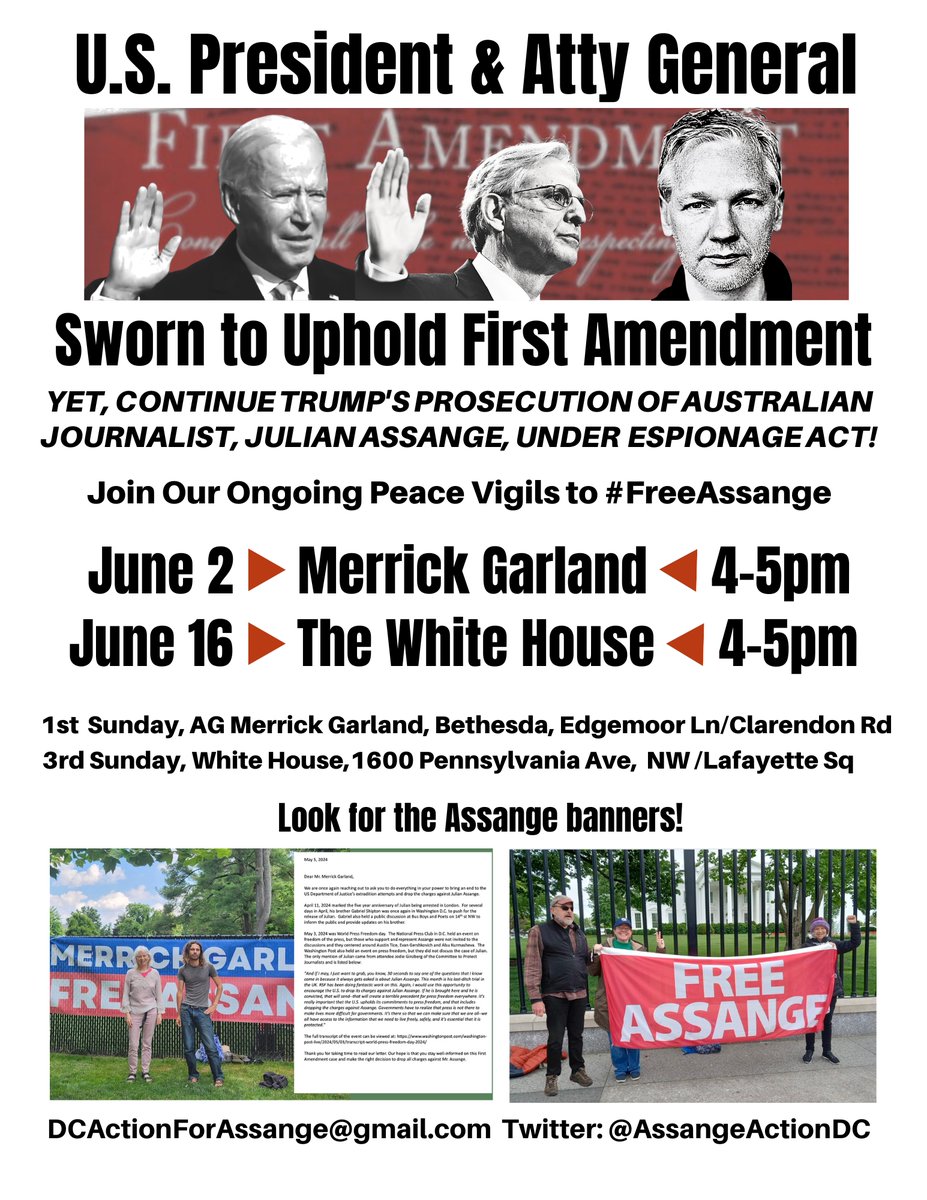 ⏳Free Assange peace vigil ⏳ #DC Sunday June 2nd, 4-5pm Bethesda, across the street from Atty General Merrick Garland who holds the key to #FreeAssangeNOW! #DropTheCharges @TheJusticeDept @POTUS #LetHimGoJoe 📢Presidential candidates calling for Assange's freedom #Election2024