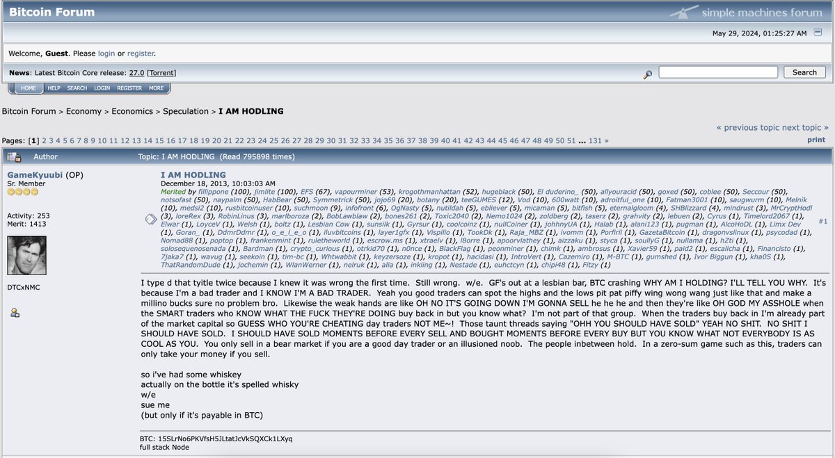 btcfactoftheday's tweet image. HODL  History 

2013, the #Bitcoin  market was in the middle of a massive dip.  After drinking a few glasses of whiskey, a user named GameKyuubi decided to post about his frustrating lack of trading skills.  Follow, like, and repost to help spread the facts! Thanks! 🚀