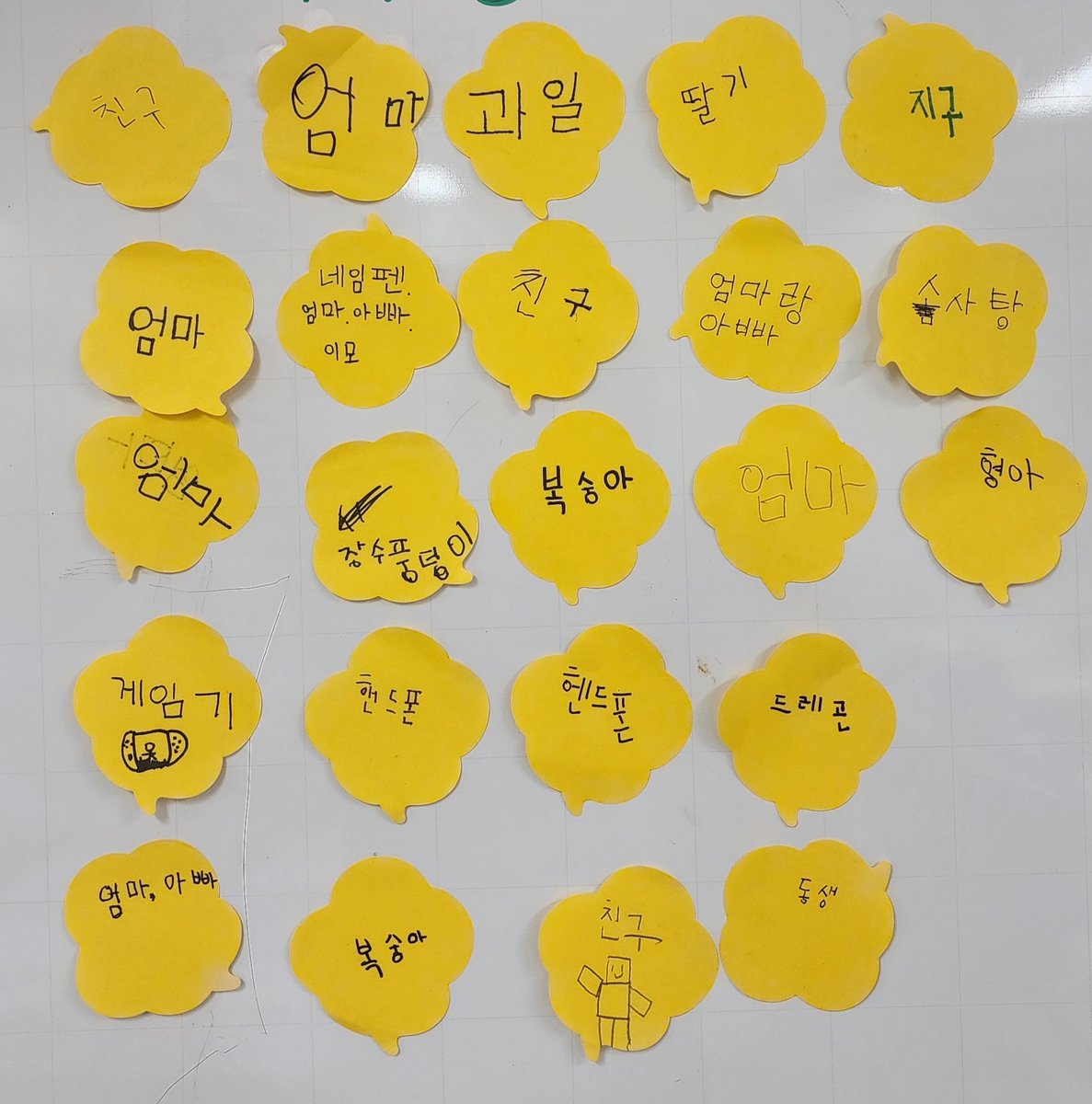 lukalouisriri's tweet photo. 한글 받침 공부 마무리하면서 내가 좋아하는 낱말 써서 칠판에 붙이기 했는데 애들이 고민하며 쓴 낱말이 넘 귀여워서 혼자 흐뭇해하고 있다.

어떻게든 조금씩 자란다.
요며칠 내가 넘 초조해하고 있었던 것 같아.
내 경험을 바탕으로 올해의 꼬꼬마들을 내심 재촉하고 있었던 건 아닌지 반성한다. https://t.co/lwqKaow7nM