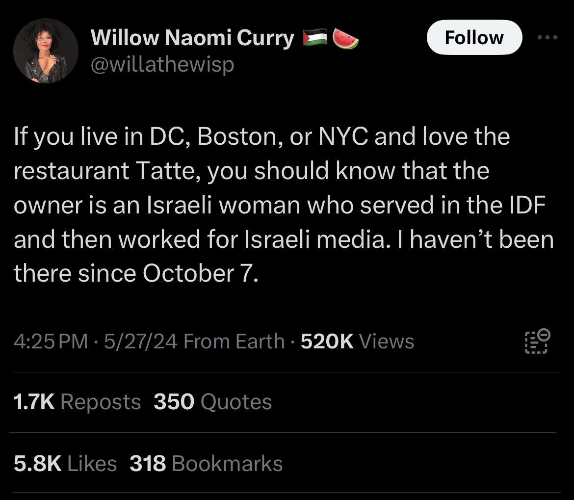 “Proud to say I haven’t been to this Israeli woman’s restaurant since her home country suffered a horrific terror attack.”