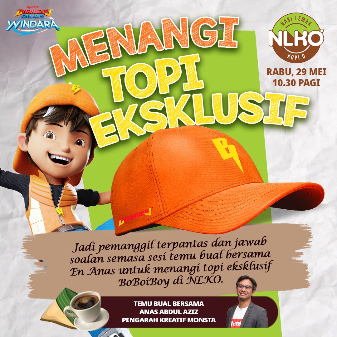 BoBoiBoy's tweet photo. 🎙️ Temu bual eksklusif bersama Pengarah Kreatif #MONSTA, Encik Anas Abdul Aziz‼️
⚡Tonton 'Nasi Lemak Kopi O' #NLKO jam 10:30 pagi ini di @tv9malaysia atau di 🔴Facebook LIVE NLKOTV9!
⚡Jadi pemanggil terpantas dan jawab soalan semasa program berlangsung untuk menang TOPI EKSKLUSIF #BoBoiBoy