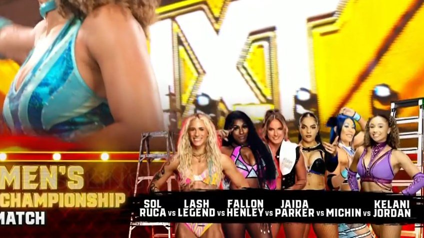 La composición final del Ladder Match por el Women's North American Championship: - Sol Ruca - Lash Legend - Fallon Henley - Jaida Parker - Michin - Kelani Jordan Tiene una pintaza. #WWENXT