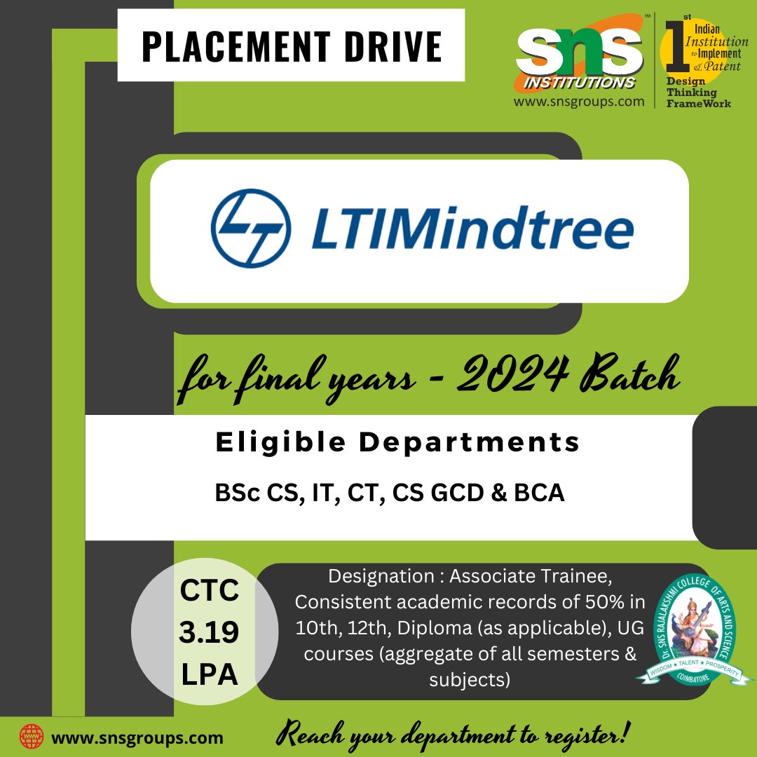 LTIMindtree  Company has planned  to conduct On Campus Placement drive for final-year 2024  batch students. Eligible Departments: B.Sc CS, IT, CT, CS GCD & BCA.

#SNSInstitutions #SNSDesignThinkers #DesignThinking
#innovative #creative
#Bestcollege