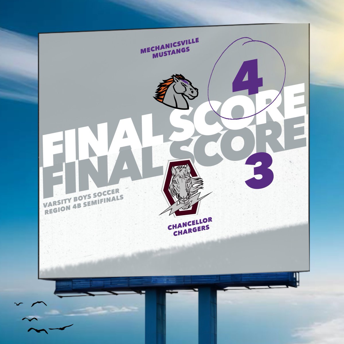 MOVING ON!! The Mustangs defeated the Chargers 4-3 tonight and will be moving on to the Region 4B Championship game. They will take on the Raiders on Thursday 5/30 at Atlee. Gametime is at 6 PM. They also secured a spot in the STATE TOURNAMENT!! #MUSTANGCOUNTRY