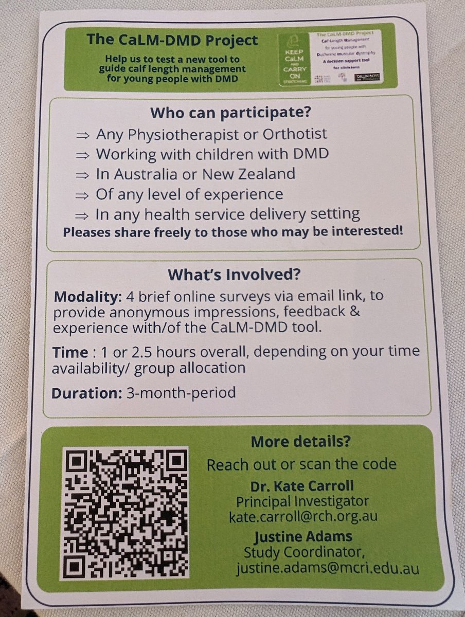 Australian #physios or orthotists working with kids with #DMD
Interested in knowing what is clinically useful in calf length management 
<a href="/RCHMelbourne/">The Royal Children's Hospital, Melbourne</a>  <a href="/MCRI_for_kids/">Murdoch Children's Research Institute (MCRI)</a>
CaLM-DMD is a decision support tool for clinicians and needs your thoughts and feedback.
See details below 👇🏻