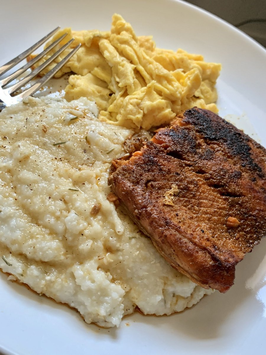 Pan seared salmon, rosemary grits, and scrambled eggs.