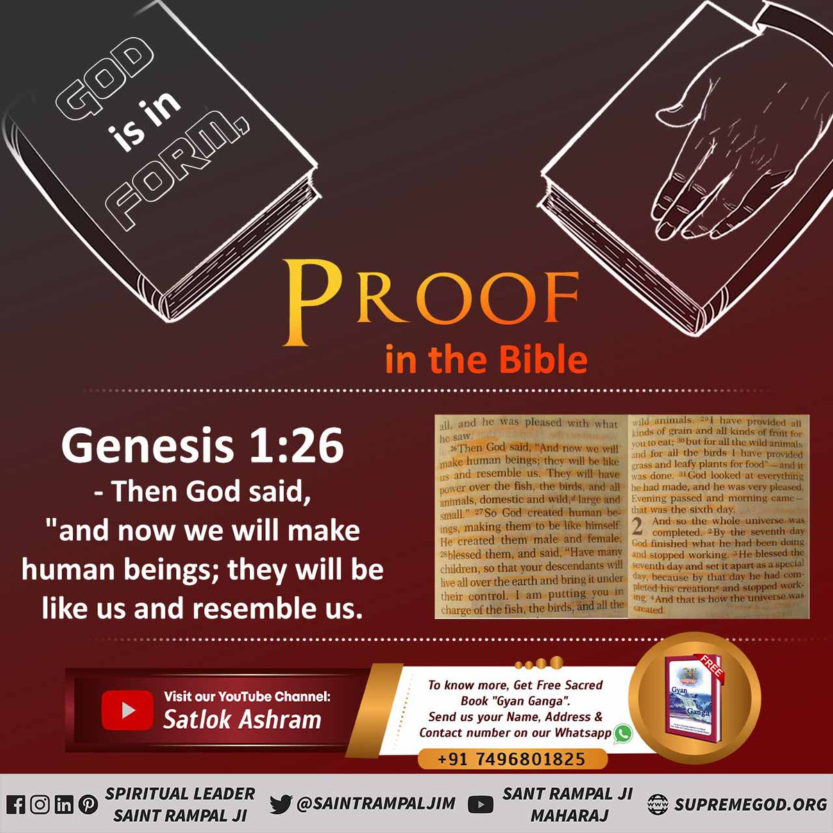 #GodMorningWednesday #ईसाई_नहीं_समझे_HolyBible PROOF in the Bible Genesis 1:26-Then God said, 'and now we will make human beings;they will be like us and resemble us. Visit our YouTube channel:Satlok Ashram.