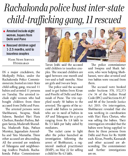 MalkajgiriCop's tweet photo. The @MedipallyPS of #RachakondaCommissionerate busted #inter_state #Child_Selling_Racket and #rescued (11) babies. #CP_Rachakonda Dr. Tarun Joshi, IPS, appreciated the team involved in detecting the case.
#RachakondaPolice https://t.co/JeRB5CnWoH