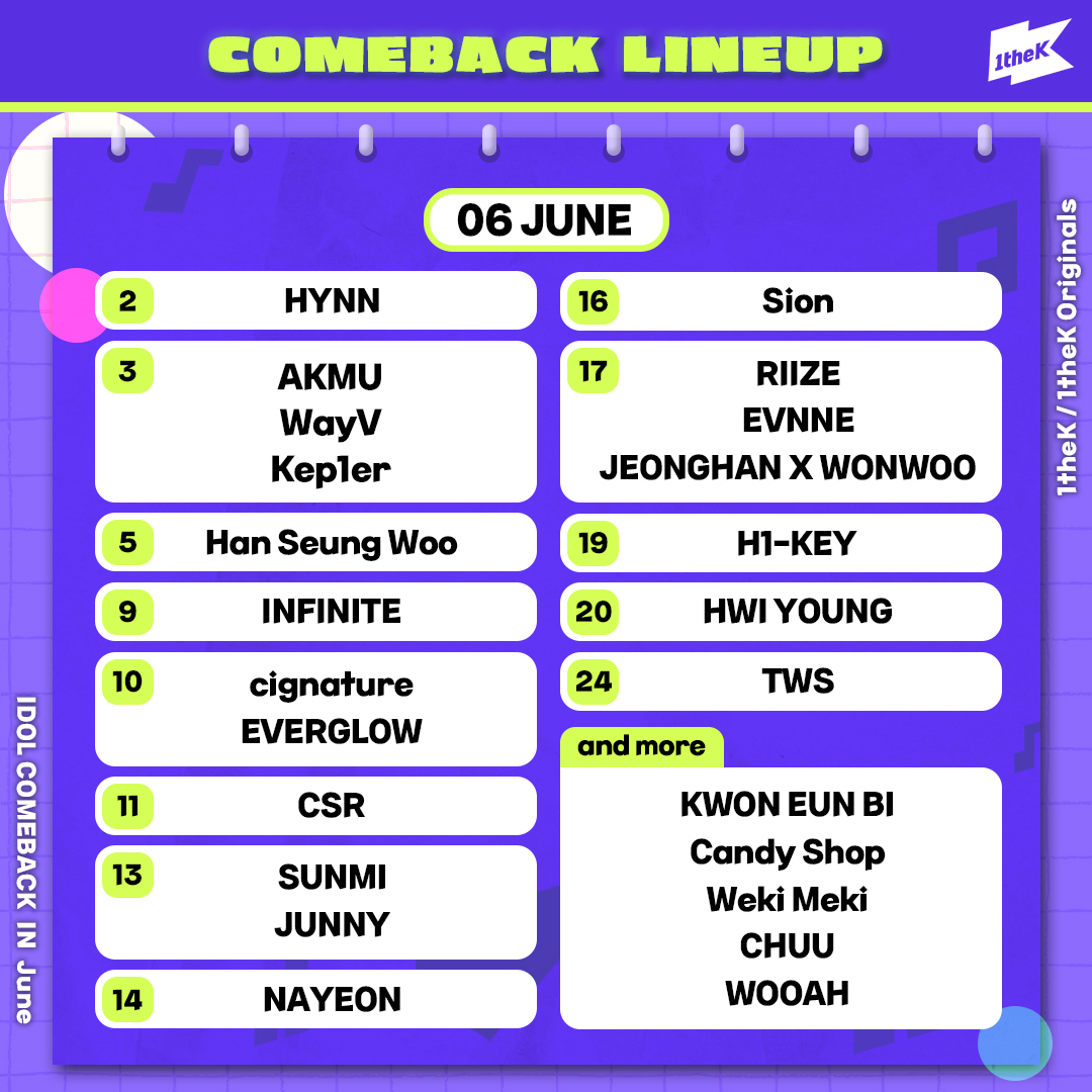 1theK's tweet image. 💜6월 컴백 라인업💜
COMEBACK LINE-UP IN June🫧
Which team do you most look forward to?😉