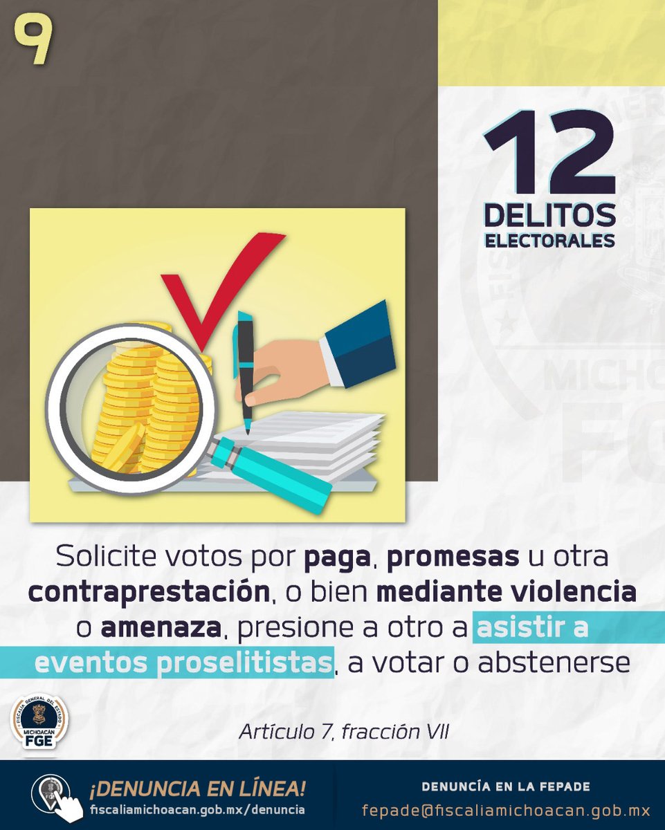 La compra de votos es un delito que afecta a todas y todos. ¡No te calles! Denuncia y defiende tu derecho a un voto libre. #DelitosElectorales #DenunciaEnLínea #Elecciones2024 📧fepade@fiscaliamichoacan.gob.mx | #DenunciaEnLínea ➡️ fiscaliamichoacan.gob.mx/denuncia