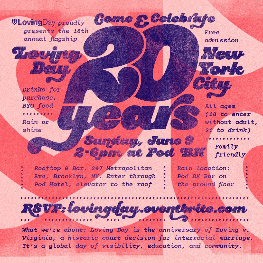 Can you believe it's been 20 years since the first #lovingday in NYC? Come to POD BK Bar &amp; Rooftop Brooklyn on Sunday, June 9th, 2-6pm to celebrate. Free admission, family friendly. lovingday.eventbrite.com