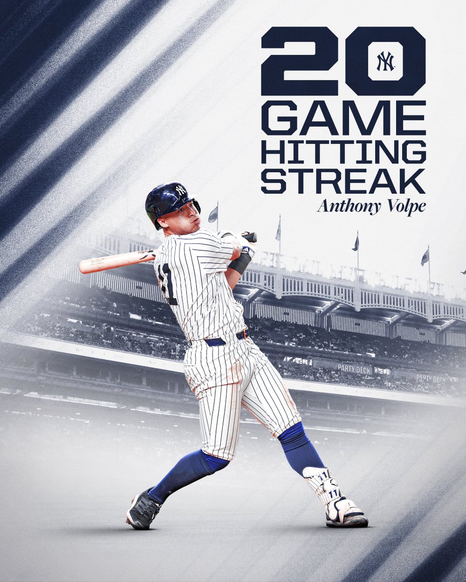 MLB's tweet image. Anthony Volpe's 20-game hitting streak is the longest by a Yankee since 2012!