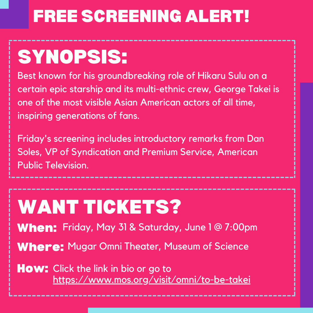 FREE SCREENING ALERT: To Be Takei on May 31 and June 1, 7PM @ The Mugar Omni Theater at the Museum of Science!

Get your FREE ticket at mos.org/visit/omni/to-…