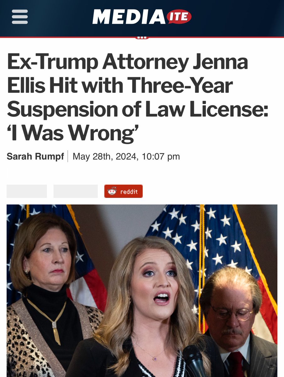 “I WAS WRONG - Ex-Trump attorney Jenna Ellis has agreed to a three-year suspension of her Colorado law license for her felony guilty plea in the Georgia election case, and urged those still clinging to the belief of a stolen election to reconsider…” mediaite.com/news/ex-trump-…