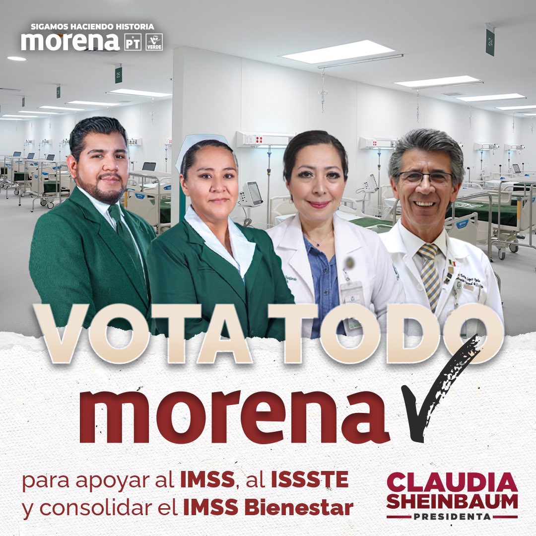 Con la doctora @Claudiashein se apoyará al IMSS, al ISSSTE y se consolidará  el IMSS Bienestar.

#VotaMorena #VotaTodoMorena #VotoParejoPorMorena #VotoMasivoPorMorena #ClaudiaPresidenta #VotaMorena #VotaTodoPorMorena #VotoMasivoMorena 
#ClaudiaSheinbaumPresidenta