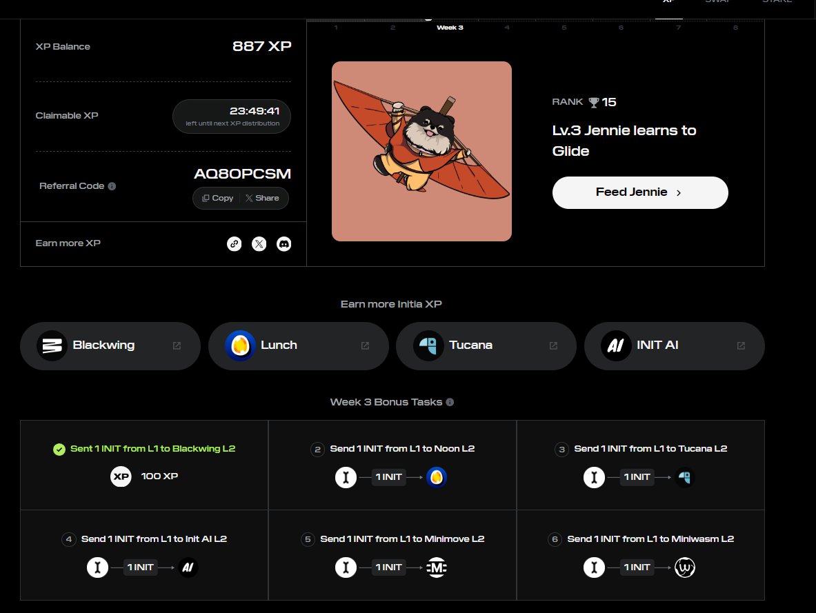 📢📢📢 Tiếp tục bán máu week3 Initial AI nhé mọi người
🎁 mỗi ngày 5-10 leo rank cũng ko quá khó

✍️Link: app.testnet.initia.xyz/xp