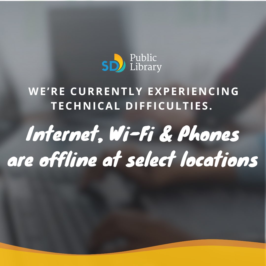 Due to server issues, internet, Wi-Fi and phone lines are offline at San Diego Central Library. Public Wi-Fi at the Carmel Valley, La Jolla & Pacific Beach locations is also down. We apologize for the inconvenience.