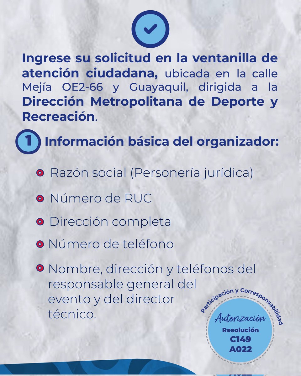 DeporteQuito's tweet photo. 👟🎽 #AgendaDeportiva | Aquí te explicamos Cómo solicitar una autorización para realizar un evento deportivo masivo de #Atletismo en el espacio público. #DeporteQuito

Con deporte y recreación, #QuitoRenace https://t.co/U6TzLrWN71