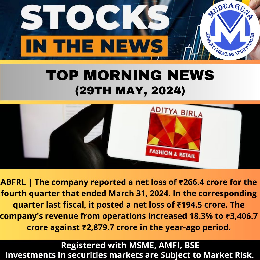 TOP STOCK NEWS UPDATE FOR THE MORNING.
#mudragunafundsmart #india #investors #traders #NewsUpdate #StockMarket #stocknews #amararajabatteries #adityabirlafashion