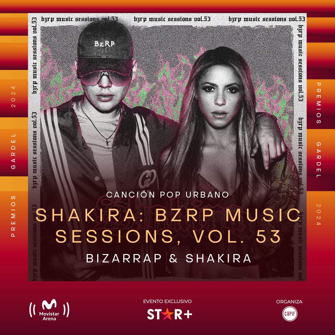 ¡Felicitamos a @Bizarrap &amp; @Shakira! 🏆 Ganadores en los #PremiosGardel2024 en la categoría Canción Pop Urbano por Shakira: Bzrp music sessions, vol. 53✨