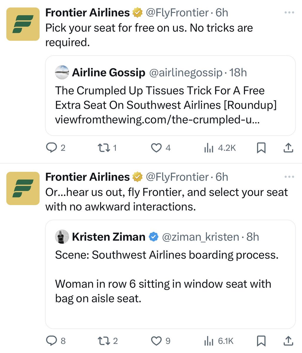 IshrionA's tweet photo. Frontier Airlines spent the entire day throwing shade at Southwest Airlines 😅 https://t.co/97WGYu0oQG