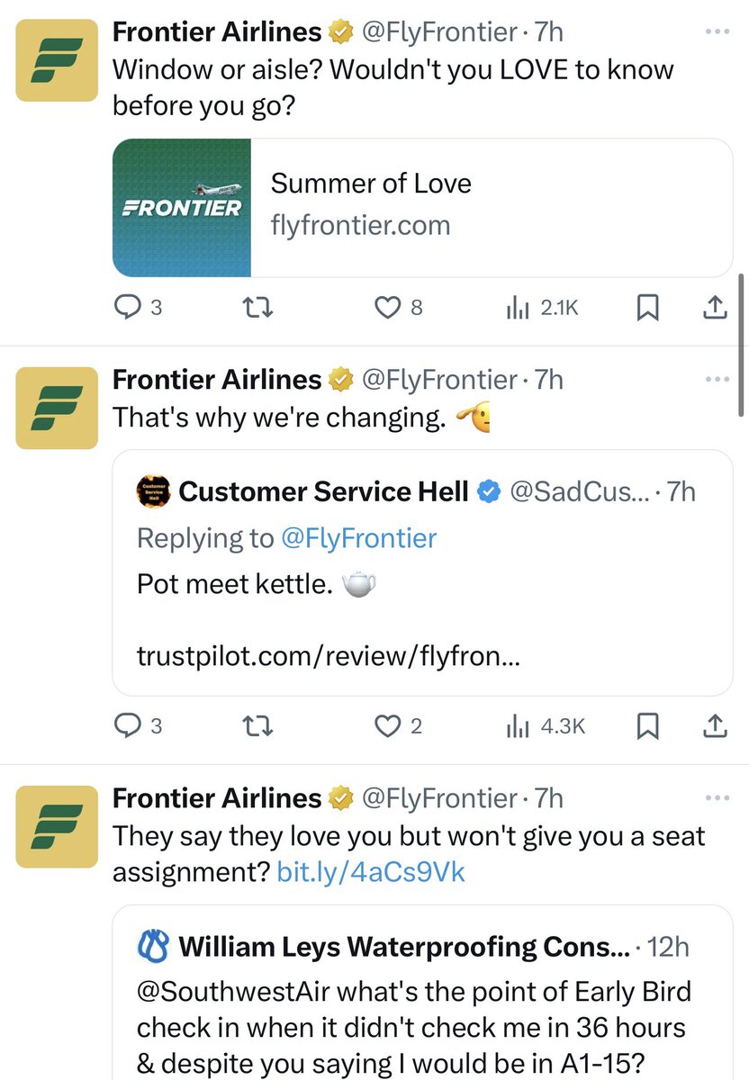 IshrionA's tweet photo. Frontier Airlines spent the entire day throwing shade at Southwest Airlines 😅 https://t.co/97WGYu0oQG