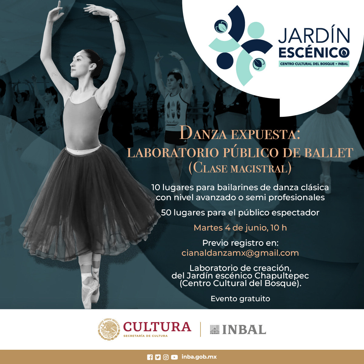 La @CNDanzaMX del #INBAL te invita a formar parte de 'Danza expuesta: laboratorio público de ballet (clase magistral', actividad que tendrá lugar el próximo martes 4 de junio a las 10 h, en el Laboratorio de creación del @jardinescenico @CCB_INBAL. ¡Regístrate! 🤩👇