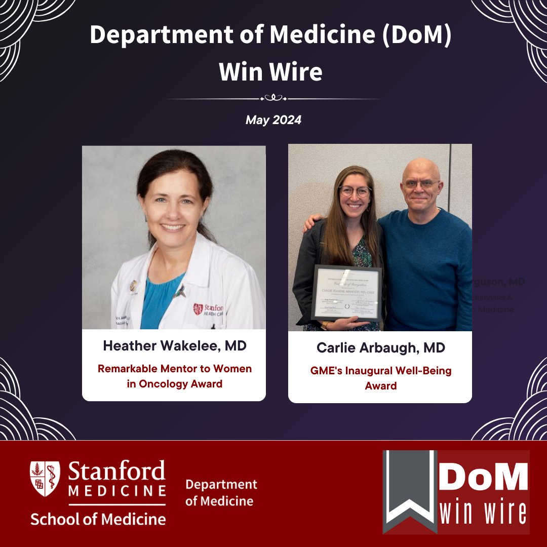 Congratulations to #StanDOM's @HwakeleeMD & Carlie Arbaugh (@mirepoixMD)!

-Wakelee receives @eaonc's Remarkable Mentor to Women in #Oncology Award
-Arbaugh receives @StanfordMed Office of Graduate Medical Education's Inaugural Well-Being Award

#StanDOMWinWire