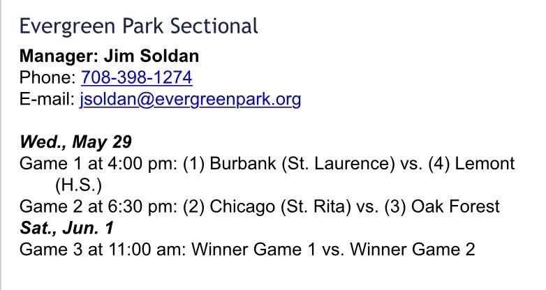 IHSA 3A Evergreen Park Sectional Games start tomorrow (5/29) at Tony Vacco Field Game 1 @ 4:00 PM @Lemont_Baseball vs. @stlbaseball1 Game 2 @ 6:30 PM @OFBbaseball vs. @StRitaBaseball