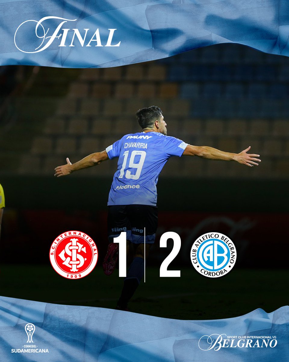 ¡¡¡GANÓOOOOO BELGRANOOOOOO!!! 💪

⚽ Con goles de Pablo Chavarría,  #Belgrano superó a Internacional por 2-1, en condición de visitante, por la fecha 6 de la Copa Sudamericana y se clasifica a octavos.

#DaleBelgrano 🩵🏴‍☠️