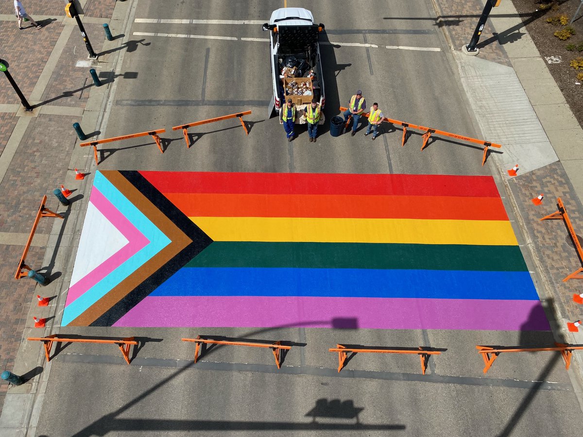 The City of St. Albert is a diverse, inclusive and welcoming community for all. Check out the vibrant Progress Pride Crosswalk in front of St. Albert Place. #stalbert