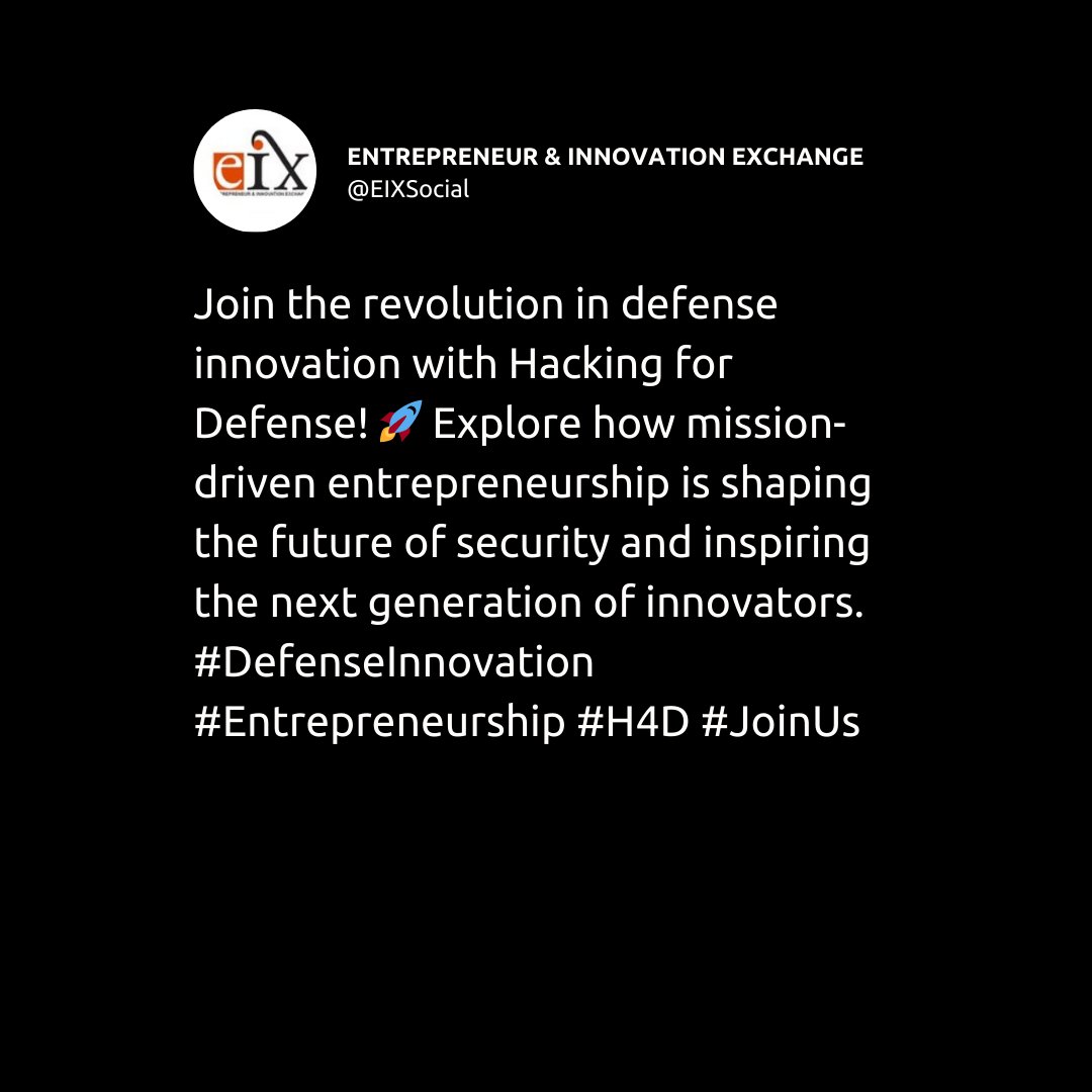 EIXSocial's tweet image. Join the revolution in defense innovation with Hacking for Defense! 🚀 Explore how mission-driven entrepreneurship is shaping the future of security and inspiring the next generation of innovators. #DefenseInnovation #Entrepreneurship #H4D #JoinUs

eiexchange.com/content/studen…
