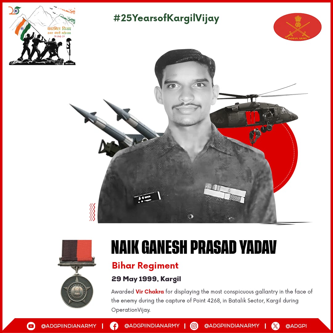 #25YearsofKargilVijay #KVDRajatJayanti Naik Ganesh Prasad Yadav Bihar Regiment 29 May 1999 Kargil Naik Ganesh Prasad Yadav displayed the most conspicuous gallantry in the capture of Point 4268, in #Batalik Sector, Kargil during #OperationVijay. Awarded #VirChakra (Posthumous).