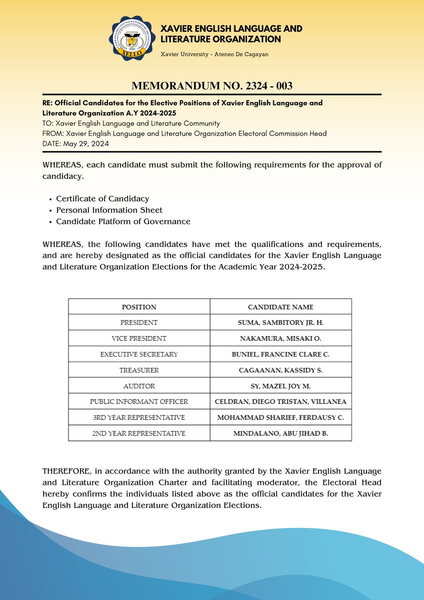 OfficialXELLO's tweet photo. [𝐑𝐄𝐀𝐃]

𝗠𝗲𝗺𝗼𝗿𝗮𝗻𝗱𝘂𝗺 𝗡𝗼. 𝟐𝟑𝟐𝟒 - 𝟎𝟎𝟑
RE: Official Candidates for the Elective Positions of XELLO A.Y 2024-2025

Access the full memorandum here: 
https://t.co/XBjY6Ct1vH

#XELLO2324
#XELLOIntoTheRabbitHole
#XavierAteneo https://t.co/4Xj9htgYhb