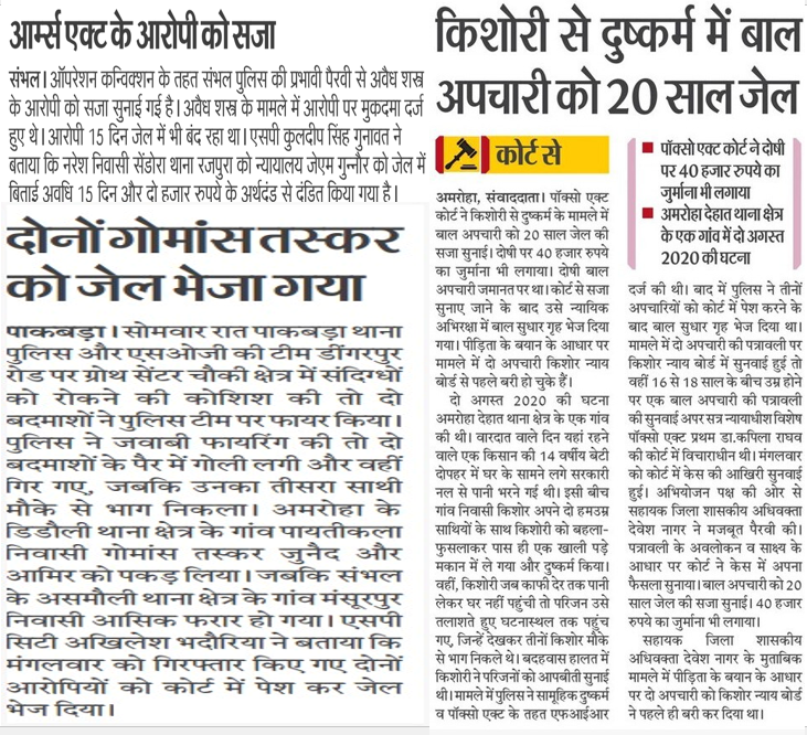 श्रीमान @dgpup द्वारा चलाये जा रहे #OperationConviction के अन्तर्गत @digmoradabad @IPSMUNIRAJ G के पर्यवेक्षण में परिक्षेत्रीय पुलिस एवं अभियोजन द्वारा मा0 न्यायालय में पैरवी कर विभिन्न अपराधों में अभियुक्तों को सजा दिलाने के सम्बन्ध में दैनिक समाचार पत्रों में प्रकाशित खबर।