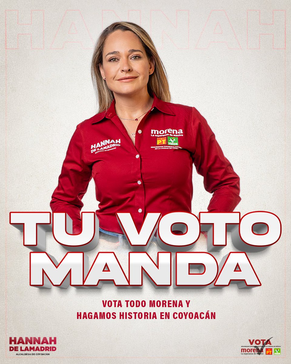 hdelamadrid's tweet photo. ⬇️ Tu voto MANDA 👇🏼
Con tu voto seré la primera alcaldesa de Morena en Coyoacán y trabajaré en los cambios que nuestra alcaldía tanto necesita. ¡Vota por Hannah! ¡Vota por Morena! 🫰🏼👱🏼‍♀️ #VotaXHannah https://t.co/r4KRrTb93N