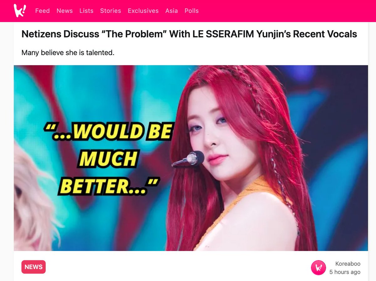 CLICKBAIT ALERT‼️ Uses 'false premise fallacy'. It is written with the false assumption that there is a problem w/ #LESSERAFIM #yunjin's vocals. The article itself says 'criticism has been not constructive'. The fact is Yunjin is one of the most talented singer-songwriter now